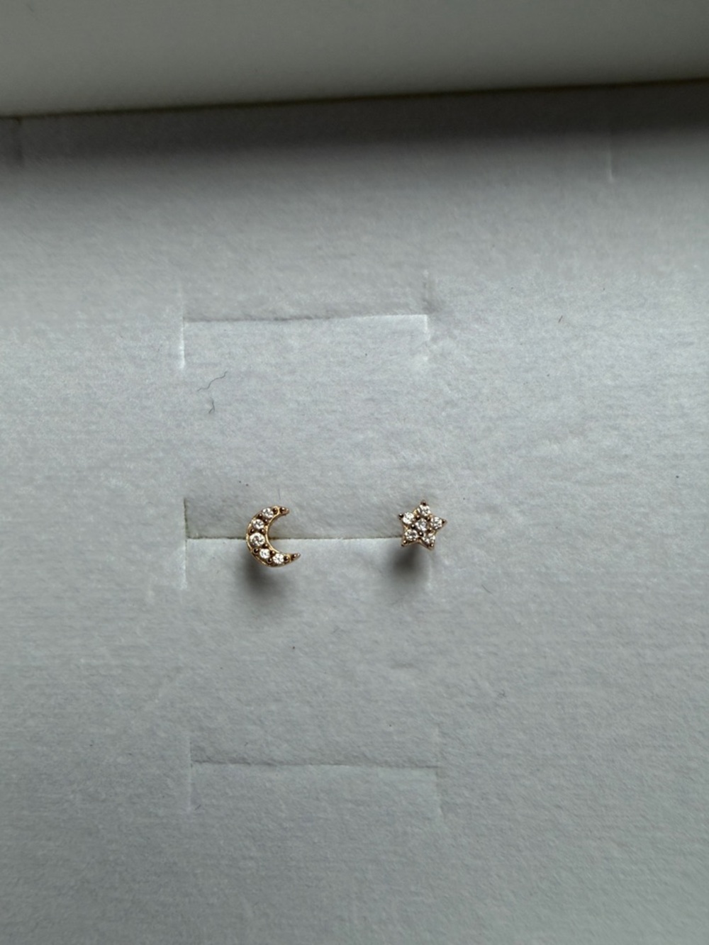 14k solid Gold Moon and Star AAA Zirconia Stud Earrings - Asymmetric Celestial - Picture 8 of 17